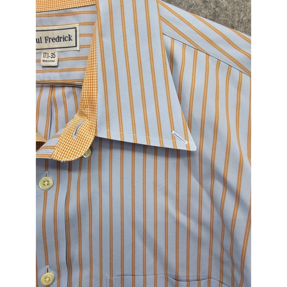 Paul Fredrick Mens Blue Orange Striped Non-Iron Cotton Dress Shirt 17.5-35 - Picture 3 of 9